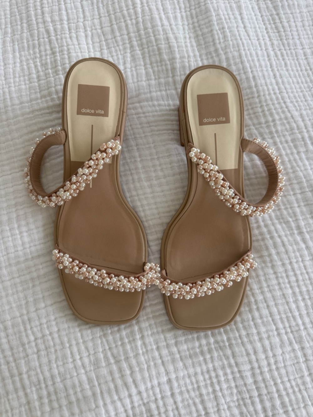 Dolce Vita Pearl-Embellished Tan Slide Sandals